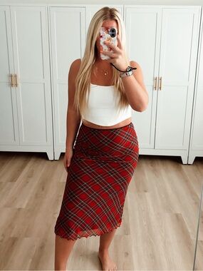 Red Plaid Midi Skirt - Women's Stylish Check Pencil Skirt